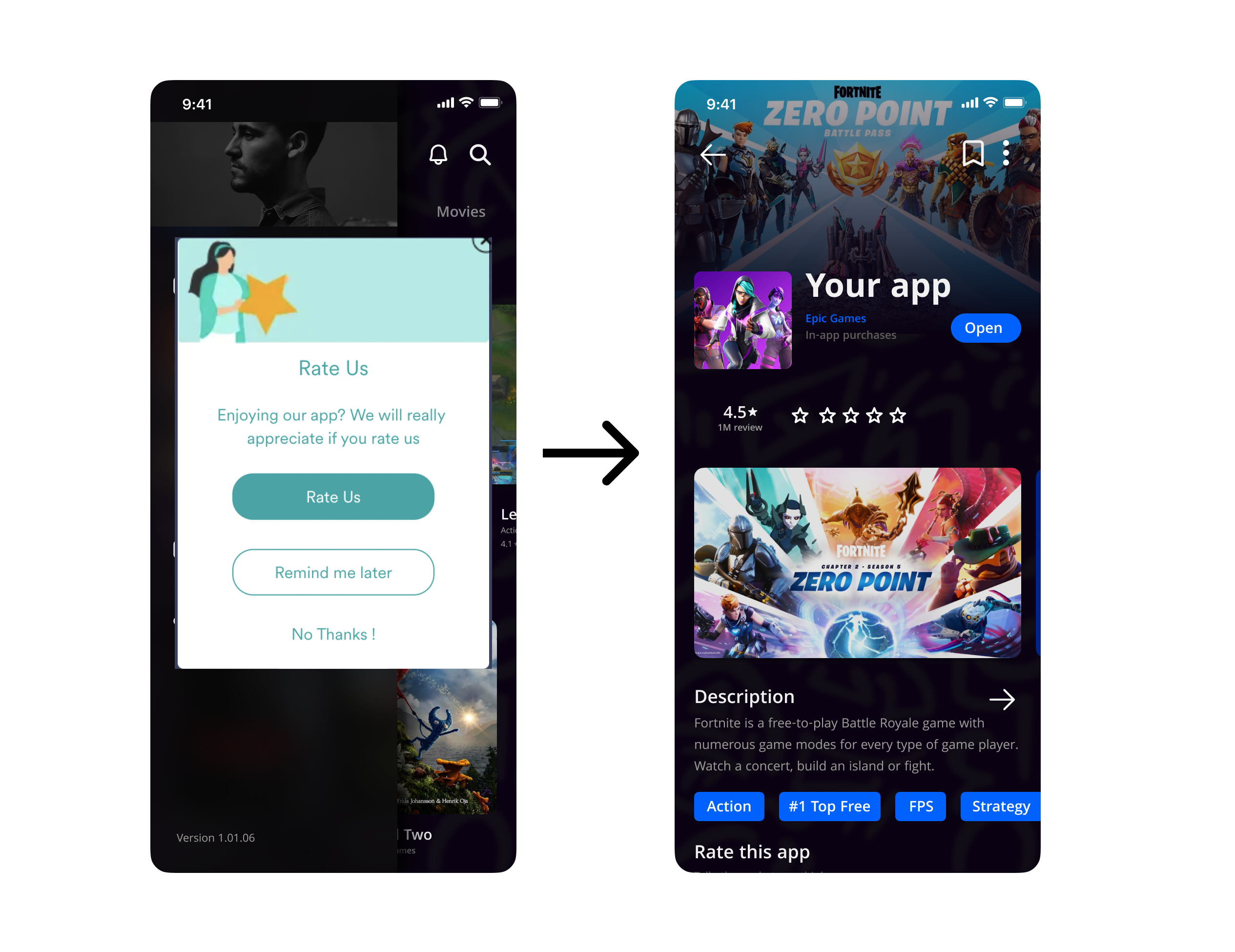 アプリの評価を促すインアプリメッセージを表示するスクリーンショットで、ユーザーをアプリストアに誘導するボタンがあります。